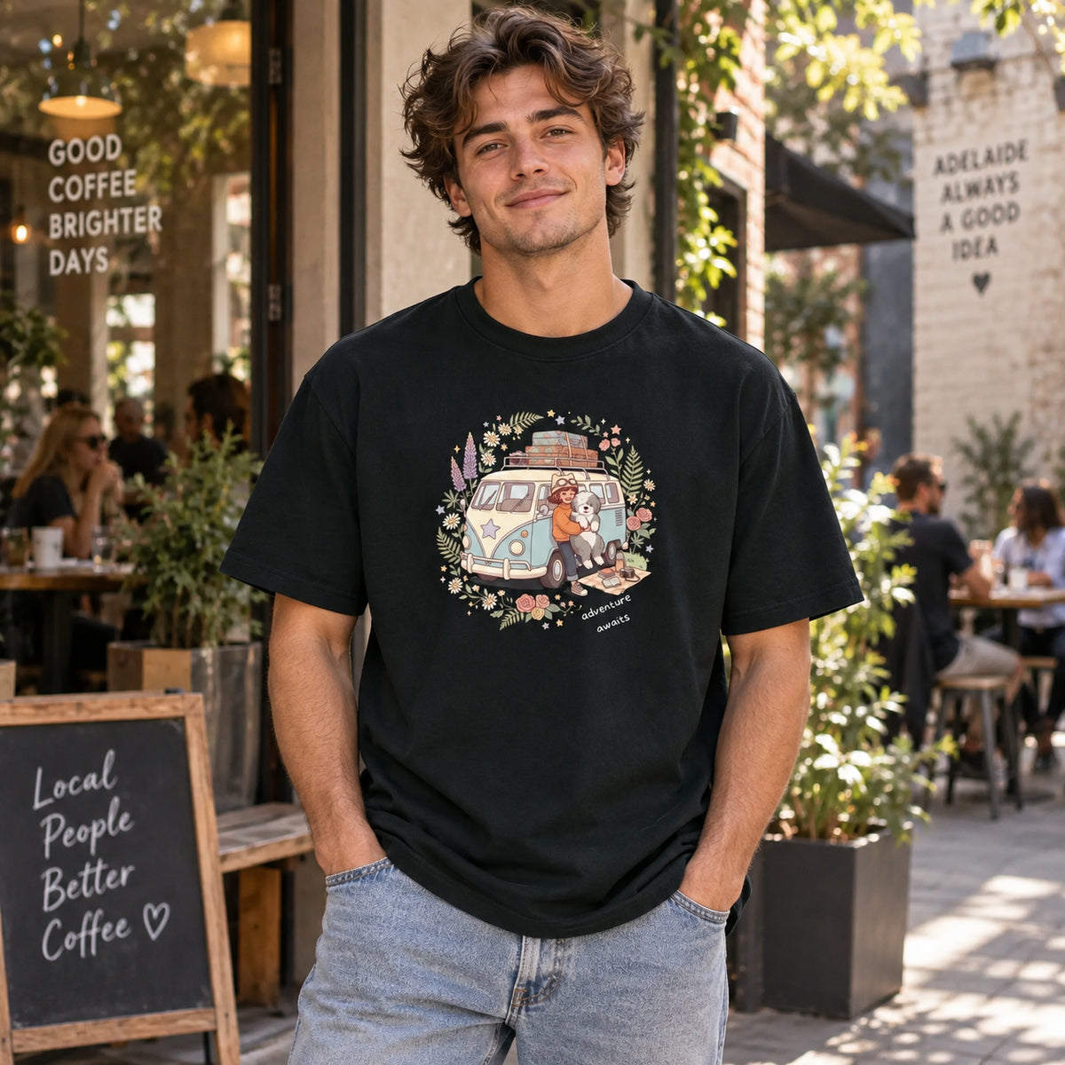 Adventure Awaits Camping Dog & Van Graphic T-Shirt