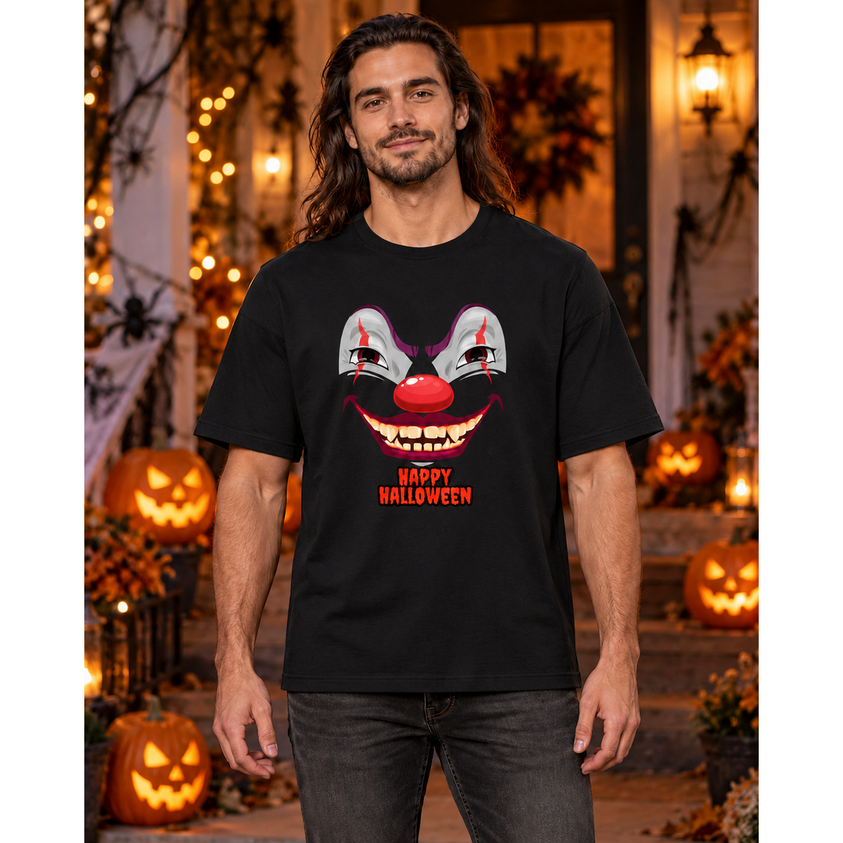 Male model wearing a slightly oversized black Happy Halloween clown T-shirt
