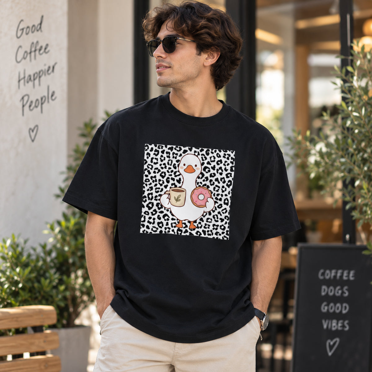 Coffee & Donut Duck Unisex Cotton Graphic T-Shirt