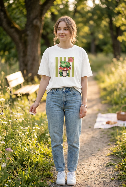 Cute Sleepy Frog Graphic T-Shirt – Kawaii Mushroom Cotton Tee