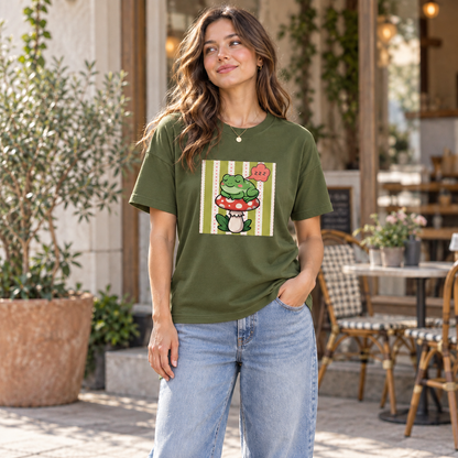 Cute Sleepy Frog Graphic T-Shirt – Kawaii Mushroom Cotton Tee