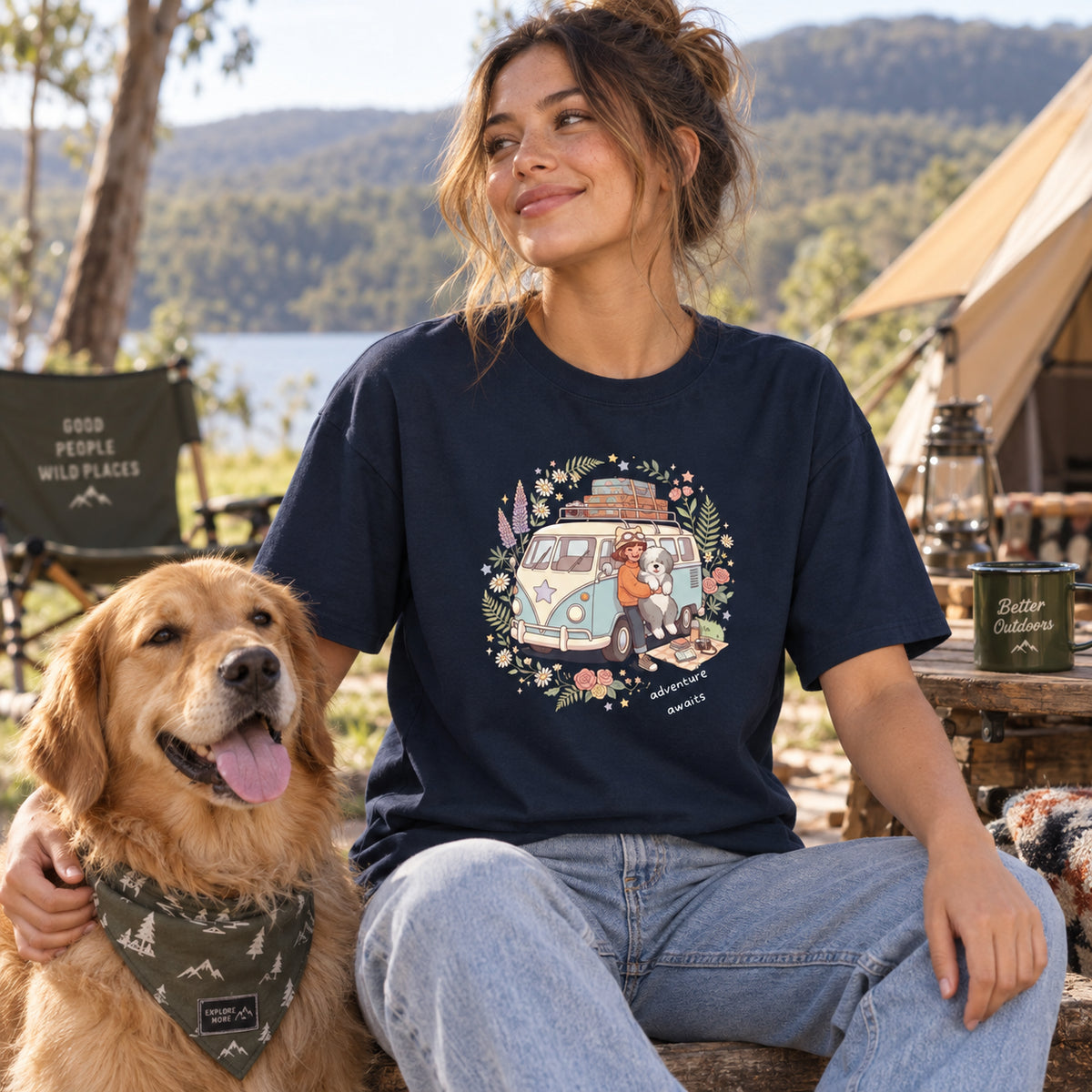 Adventure Awaits Camping Dog & Van Graphic T-Shirt