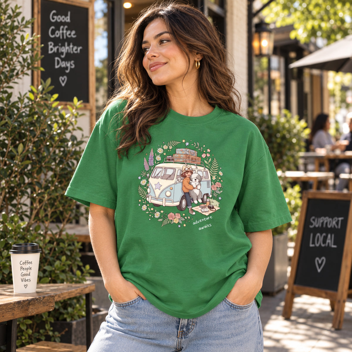 Adventure Awaits Camping Dog & Van Graphic T-Shirt