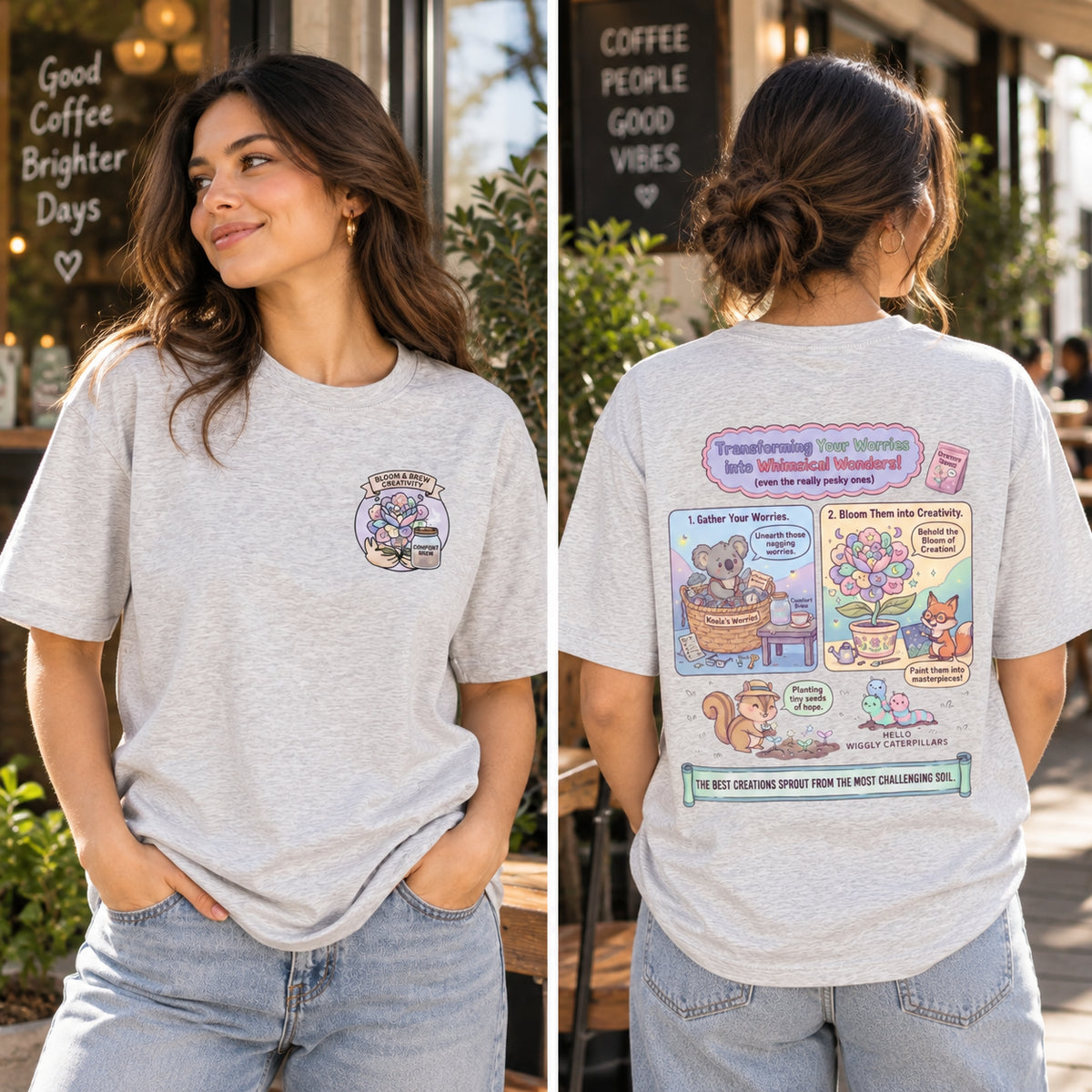 Transform Worries Into Creativity Floral Back Print T-Shirt