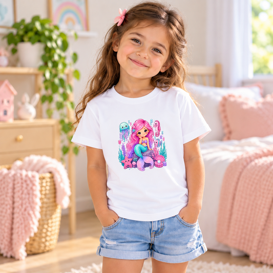 Pink-Haired Mermaid & Sea Friends Kids T-Shirt