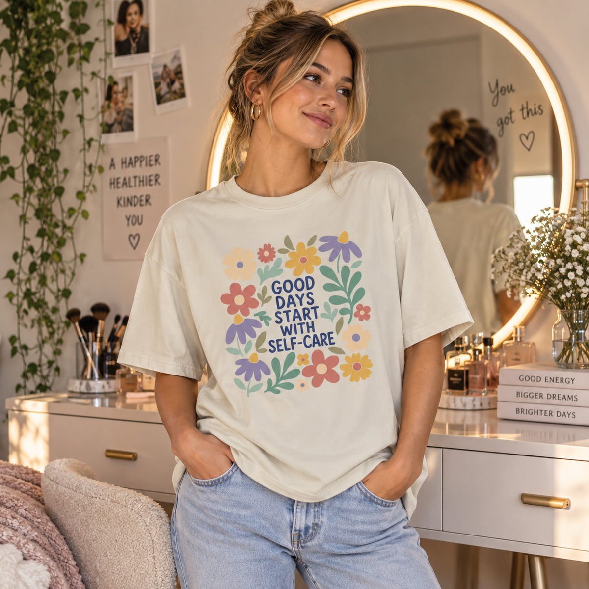 Good Days Start With Self-Care Floral Graphic T-Shirt