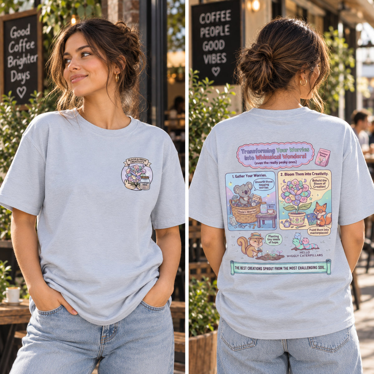Transform Worries Into Creativity Floral Back Print T-Shirt