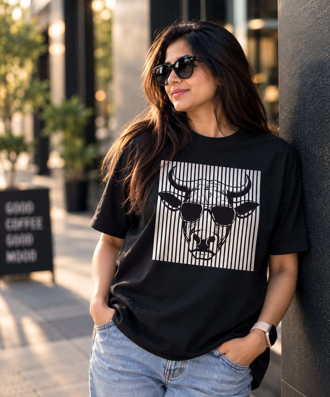 Retro Cow in Sunglasses Oversized Cotton T-Shirt