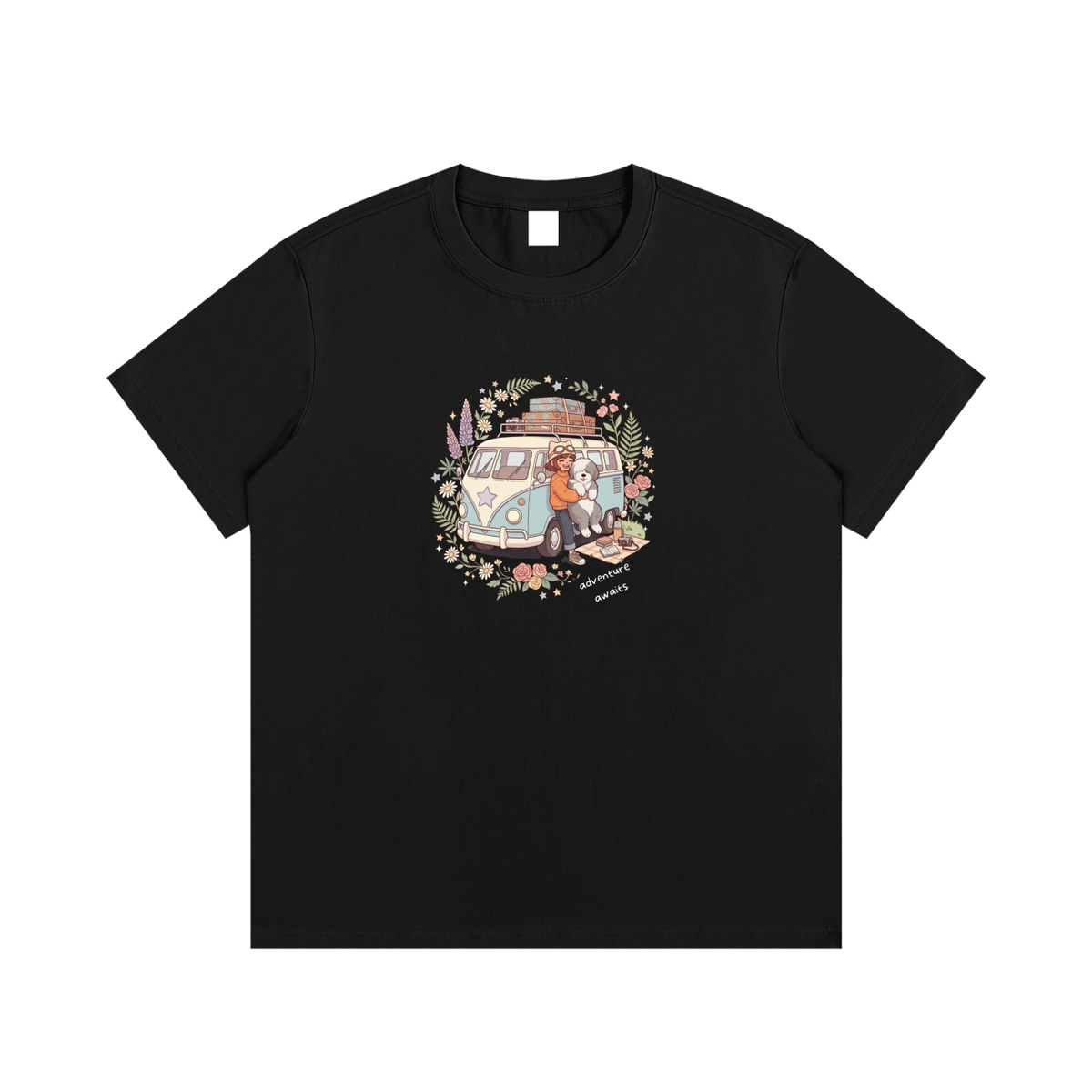 Adventure Awaits Camping Dog & Van Graphic T-Shirt