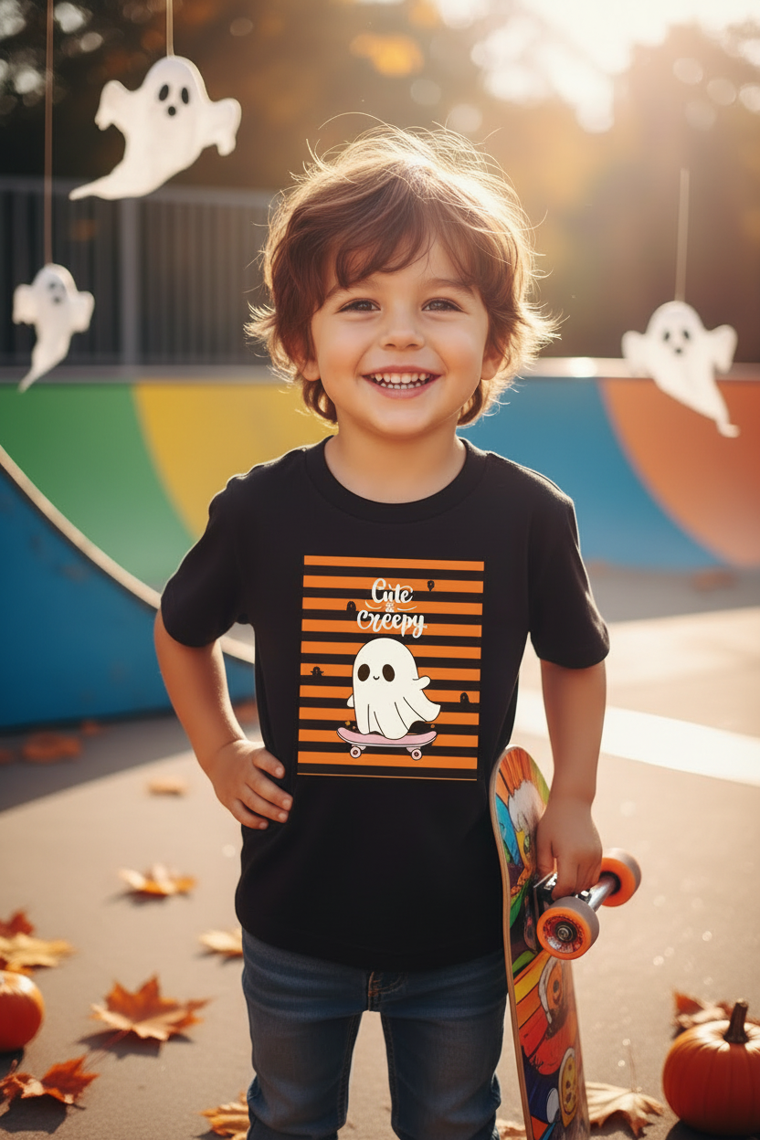 Skateboarding Ghost Kids Halloween Graphic T-Shirt