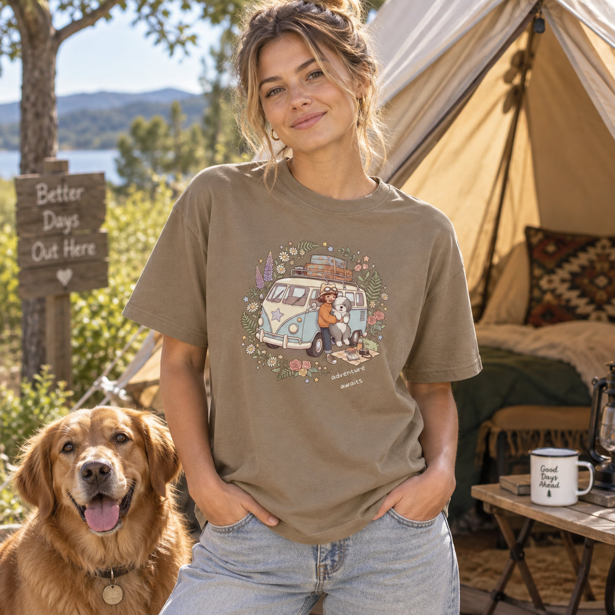 Adventure Awaits Camping Dog & Van Graphic T-Shirt