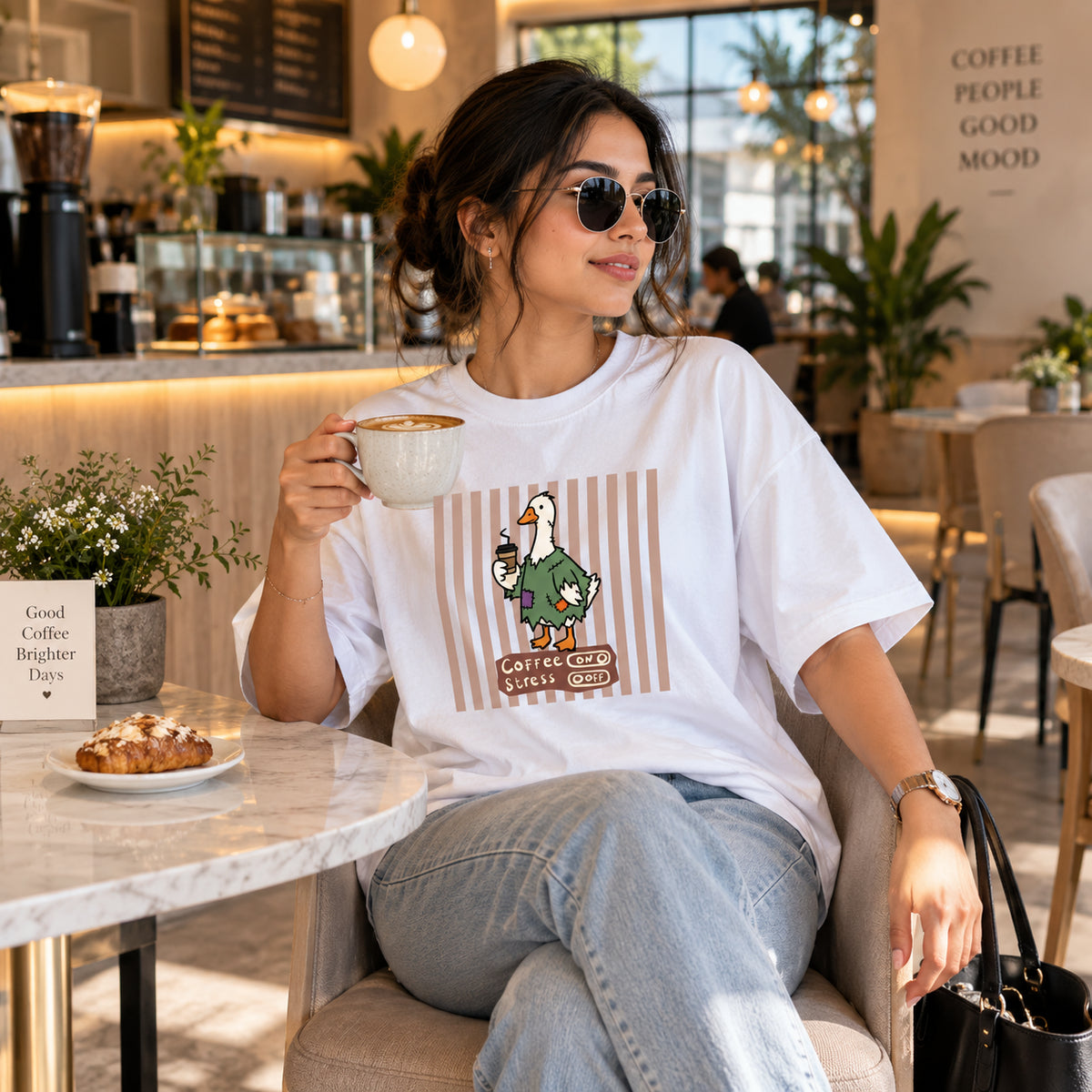 Coffee On, Stress Off Goose Oversized Cotton T-Shirt
