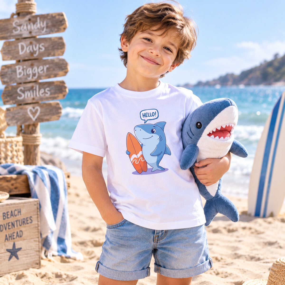Hello Shark Surfboard Kids Graphic T-Shirt – Ocean Animal