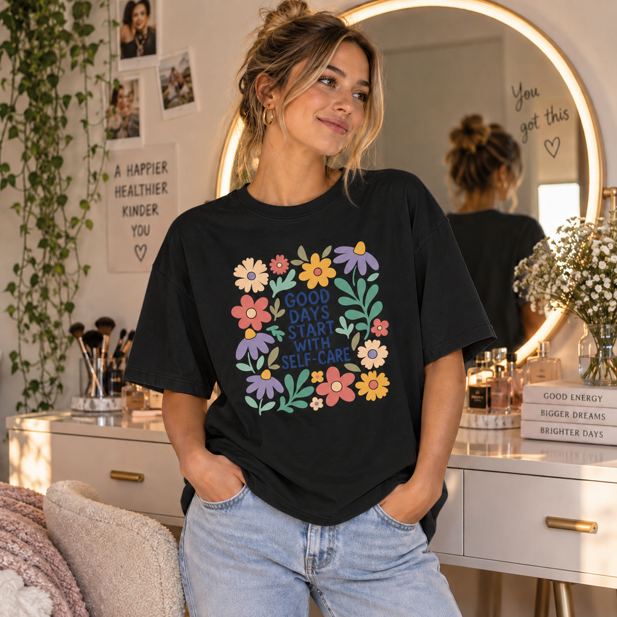 Black Self-Care Floral T-shirt lifestyle mockup matching original fit