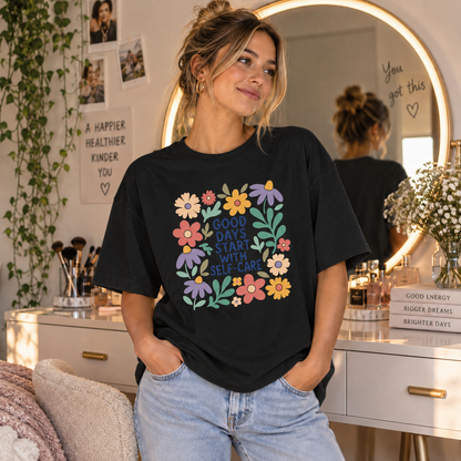 Black Self-Care Floral T-shirt lifestyle mockup matching original fit