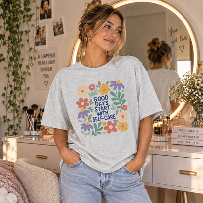 Flower Gray Self-Care Floral T-shirt lifestyle mockup matching original fit