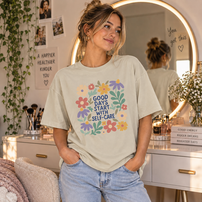 Khaki Self-Care Floral T-shirt lifestyle mockup matching original fit