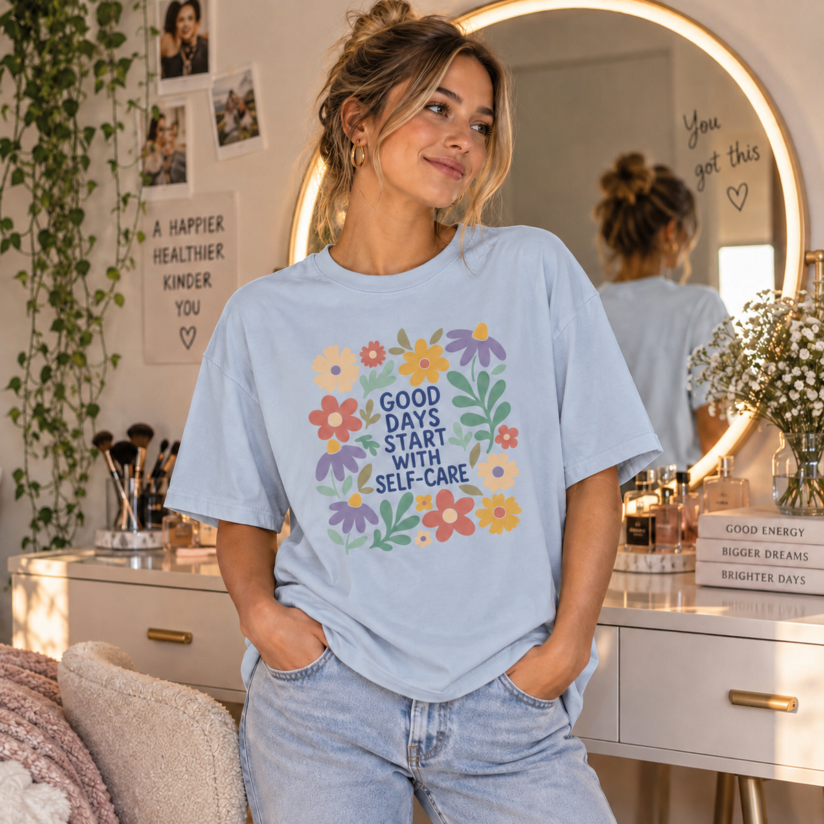Sky Blue Self-Care Floral T-shirt lifestyle mockup matching original fit