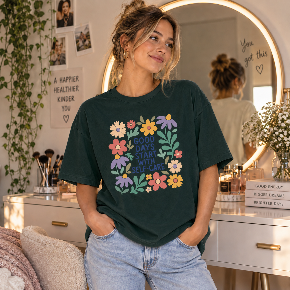 Vintage Green Self-Care Floral T-shirt lifestyle mockup matching original fit