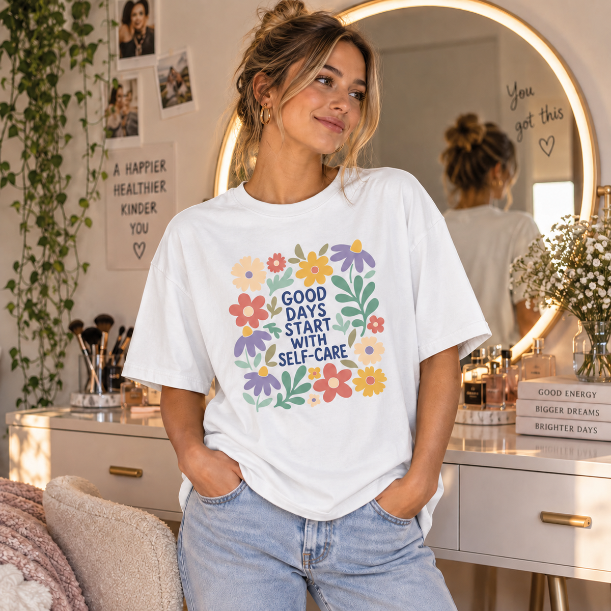 White Self-Care Floral T-shirt lifestyle mockup matching original fit