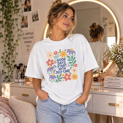 White Self-Care Floral T-shirt lifestyle mockup matching original fit