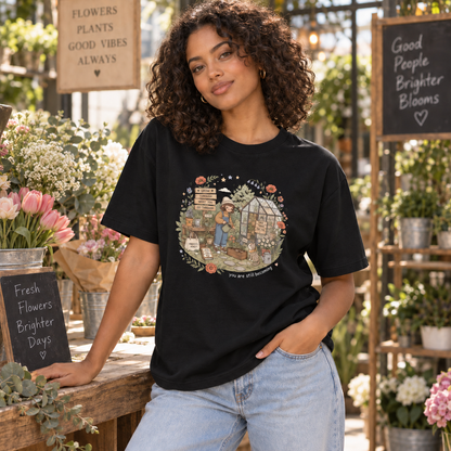 Black You Are Still Becoming Graphic Tee – Garden & Growth T-Shirt lifestyle mockup matching original fit