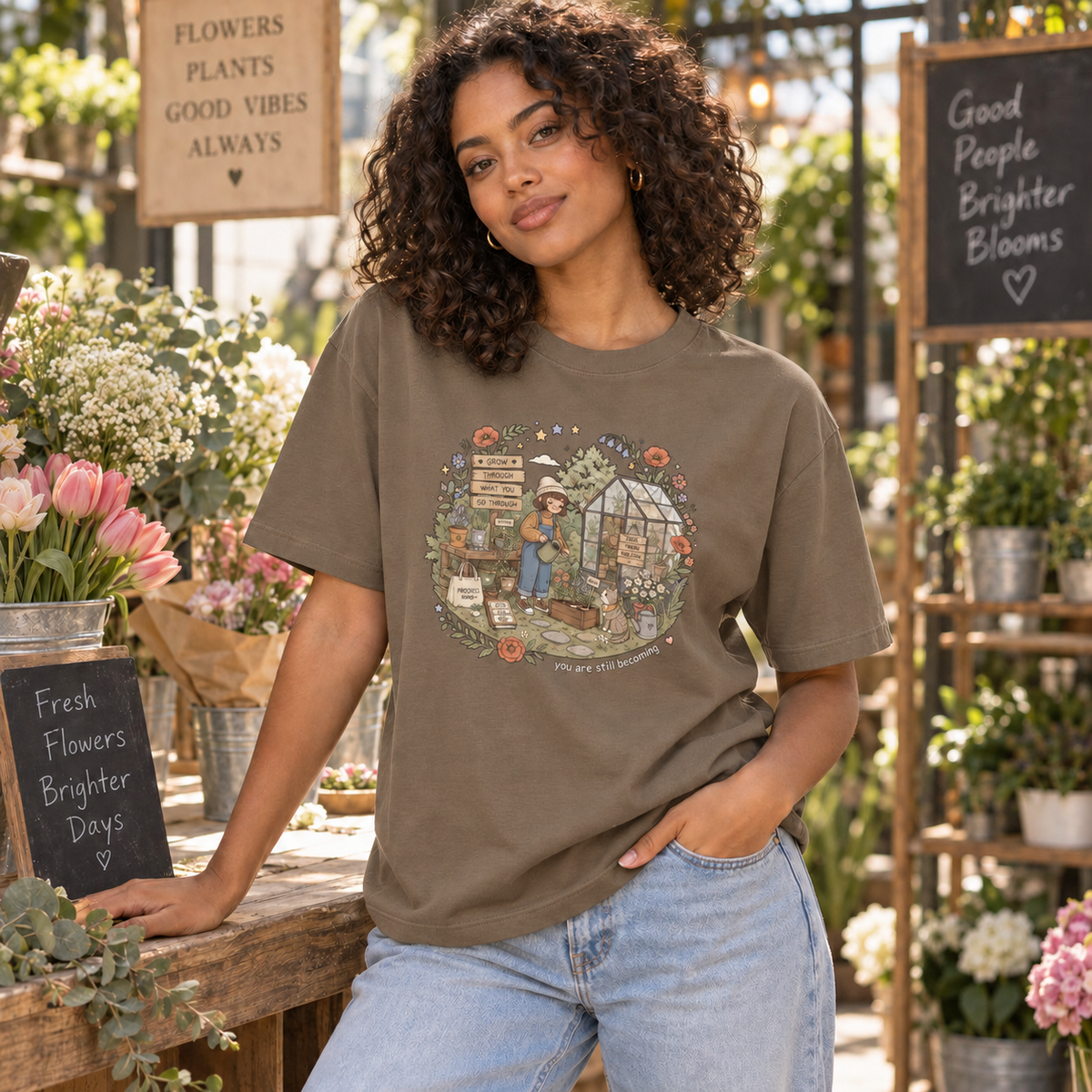 Coffee You Are Still Becoming Graphic Tee – Garden & Growth T-Shirt lifestyle mockup matching original fit