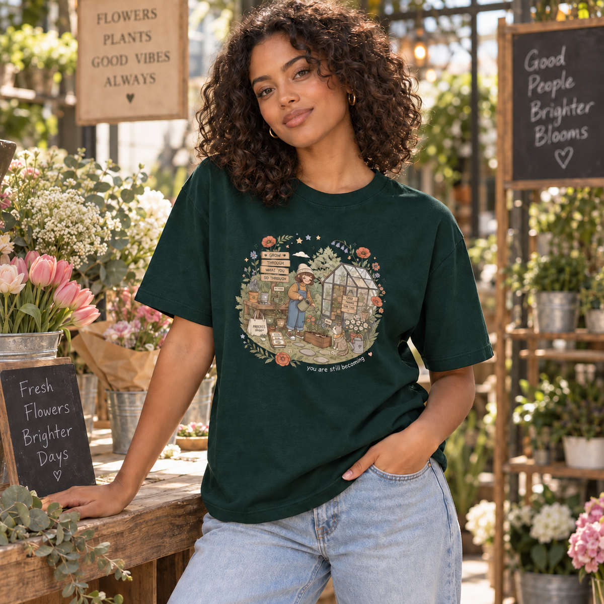 Vintage Green You Are Still Becoming Graphic Tee – Garden & Growth T-Shirt lifestyle mockup matching original fit