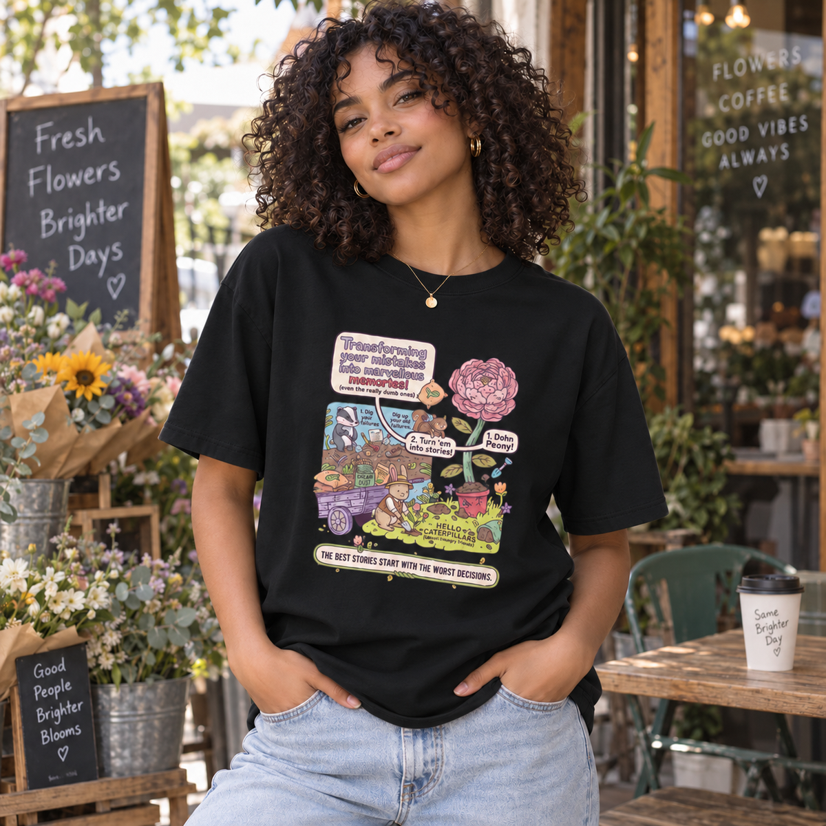 Black Whimsical Garden Graphic Tee – The Best Stories Start With the Worst Decisions lifestyle mockup matching original fit