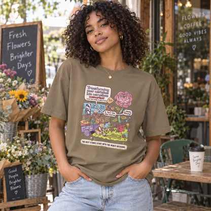 Coffee Whimsical Garden Graphic Tee – The Best Stories Start With the Worst Decisions lifestyle mockup matching original fit