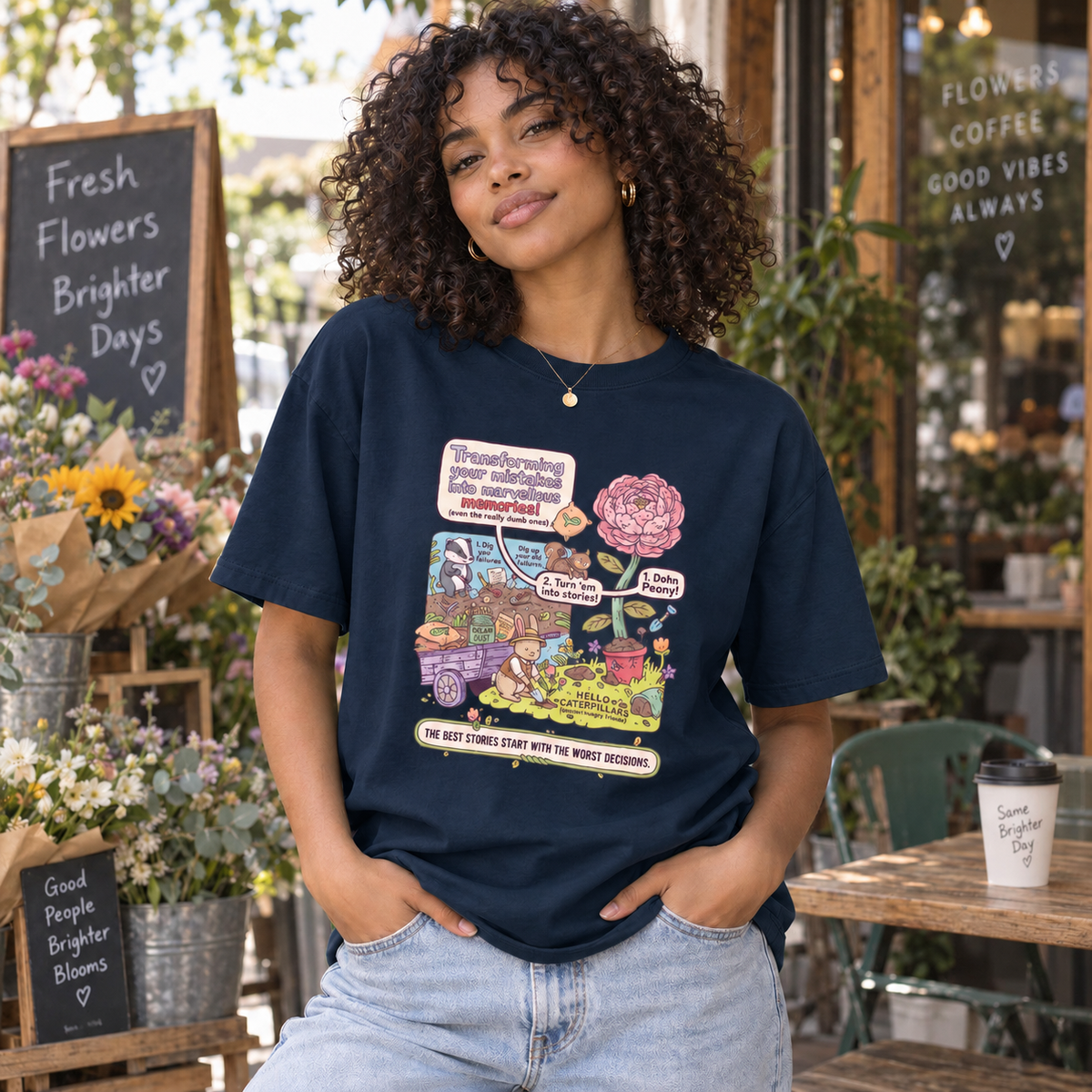 Dark Blue Whimsical Garden Graphic Tee – The Best Stories Start With the Worst Decisions lifestyle mockup matching original fit