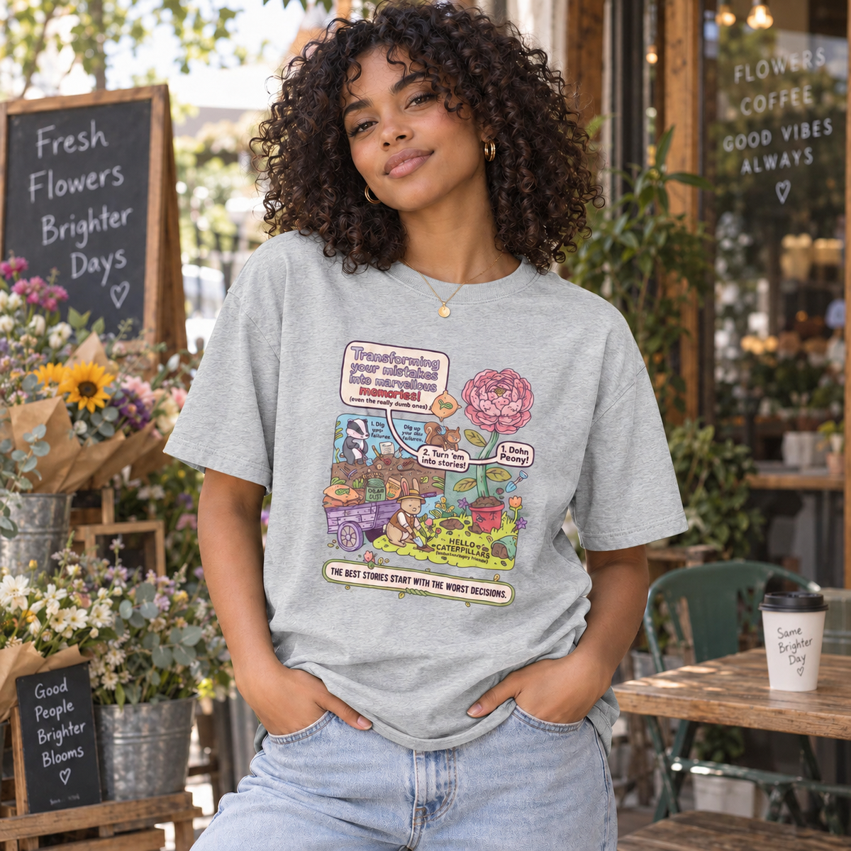 Flower Gray Whimsical Garden Graphic Tee – The Best Stories Start With the Worst Decisions lifestyle mockup matching original fit