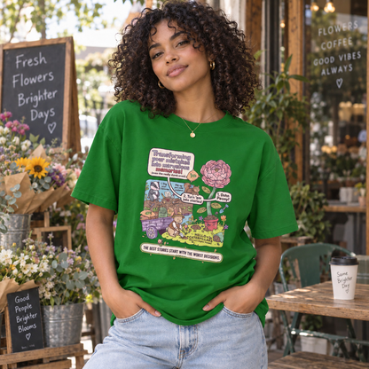 Grass Green Whimsical Garden Graphic Tee – The Best Stories Start With the Worst Decisions lifestyle mockup matching original fit