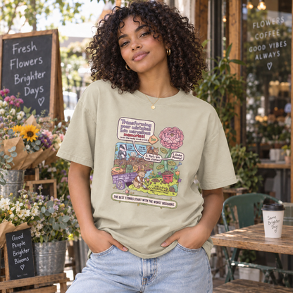 Khaki Whimsical Garden Graphic Tee – The Best Stories Start With the Worst Decisions lifestyle mockup matching original fit