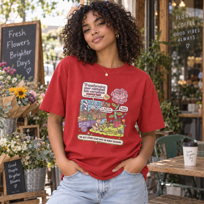 Red Whimsical Garden Graphic Tee – The Best Stories Start With the Worst Decisions lifestyle mockup matching original fit
