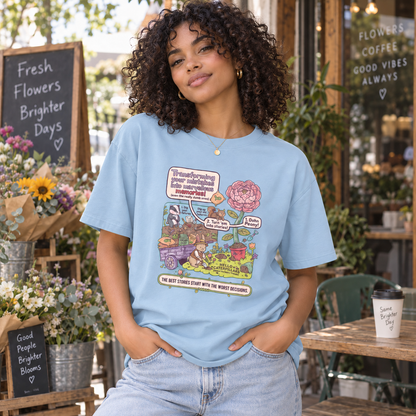 Sky Blue Whimsical Garden Graphic Tee – The Best Stories Start With the Worst Decisions lifestyle mockup matching original fit