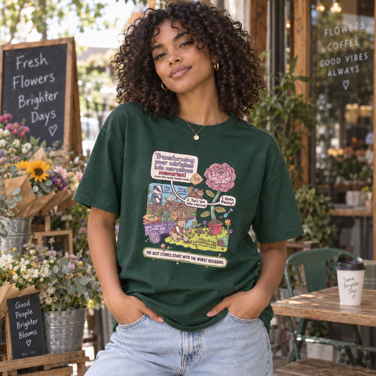 Vintage Green Whimsical Garden Graphic Tee – The Best Stories Start With the Worst Decisions lifestyle mockup matching original fit