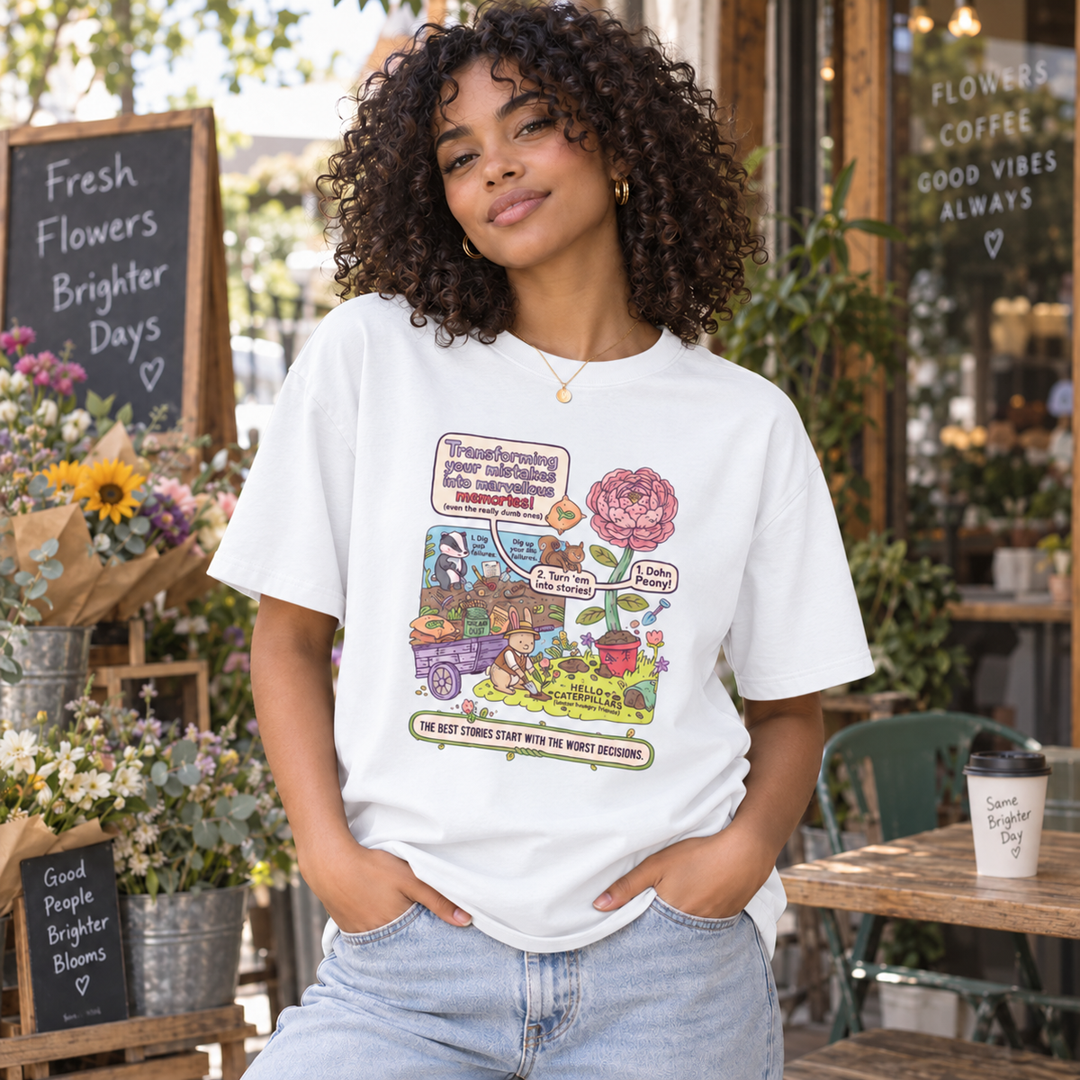 White Whimsical Garden Graphic Tee – The Best Stories Start With the Worst Decisions lifestyle mockup matching original fit