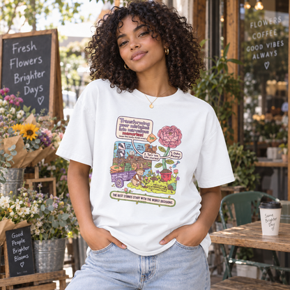 White Whimsical Garden Graphic Tee – The Best Stories Start With the Worst Decisions lifestyle mockup matching original fit