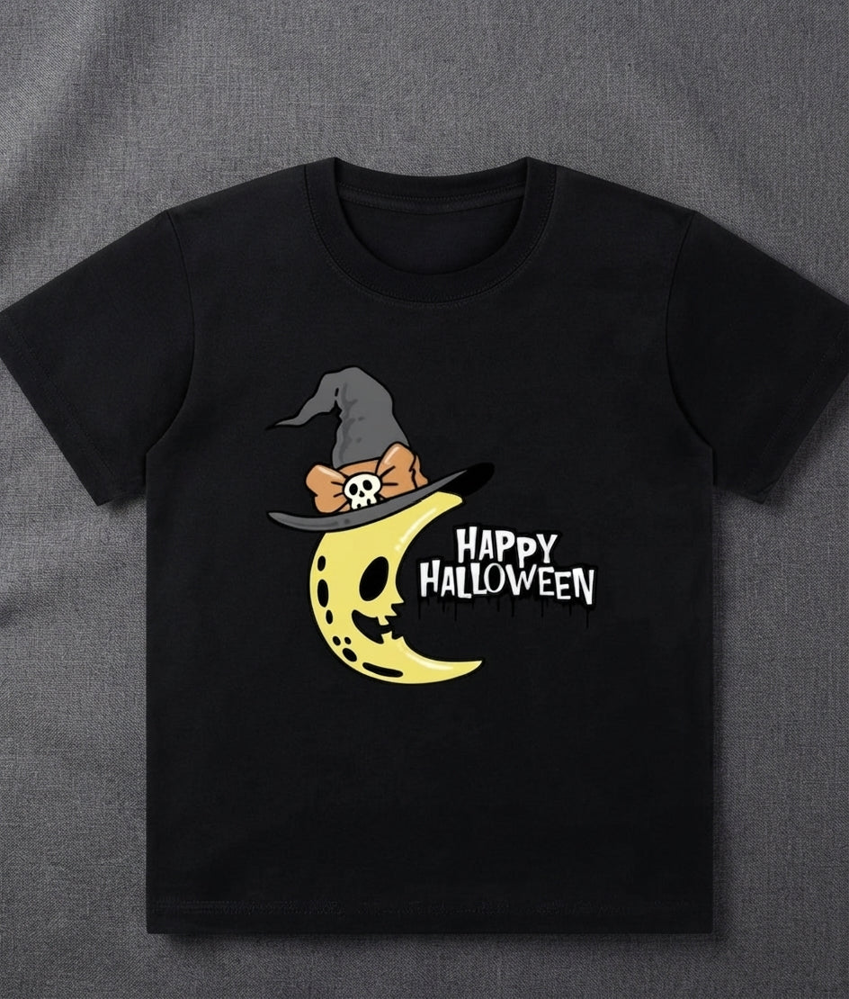 Happy Halloween Creepy Half Moon Kids Graphic Tee | Spooky Toddler & Youth T-Shirt