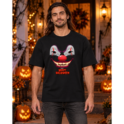 Male model wearing a slightly oversized black Happy Halloween clown T-shirt