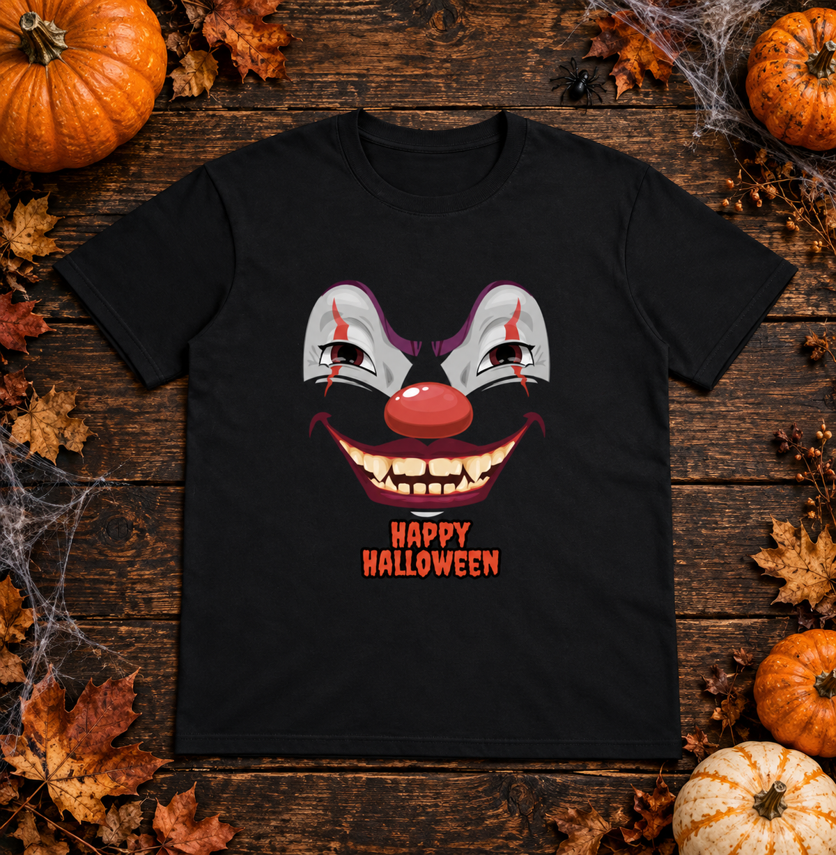 Black Happy Halloween clown T-shirt flat lay with pumpkins and cobwebs