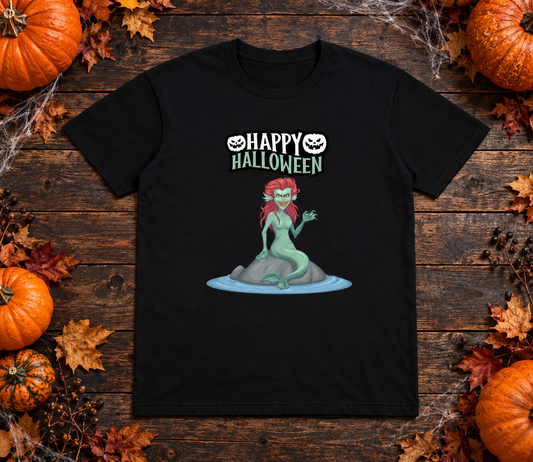 Black Happy Halloween mermaid T-shirt flat lay with pumpkins