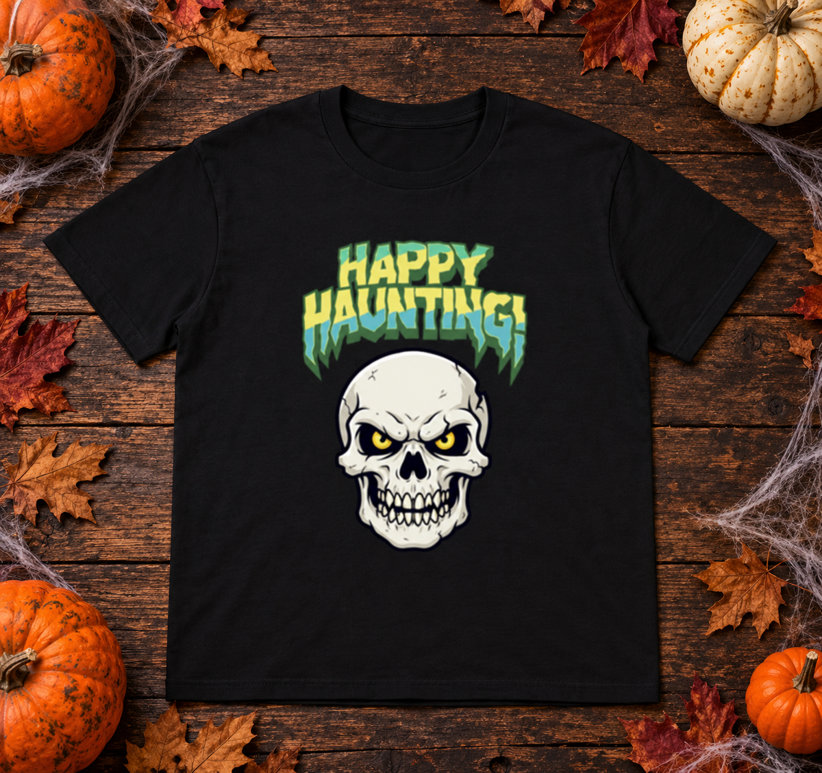 Black Happy Haunting skull T-shirt Halloween flat lay with pumpkins