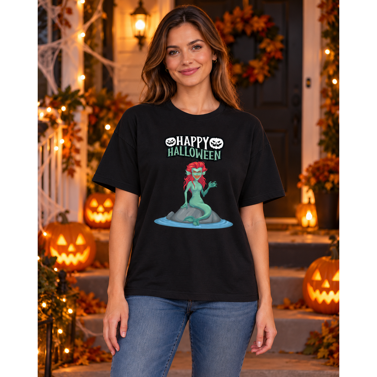 Female model wearing a slightly oversized black Happy Halloween mermaid T-shirt