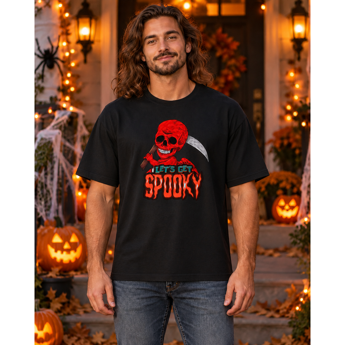 Male model wearing a slightly oversized black Let's Get Spooky reaper T-shirt