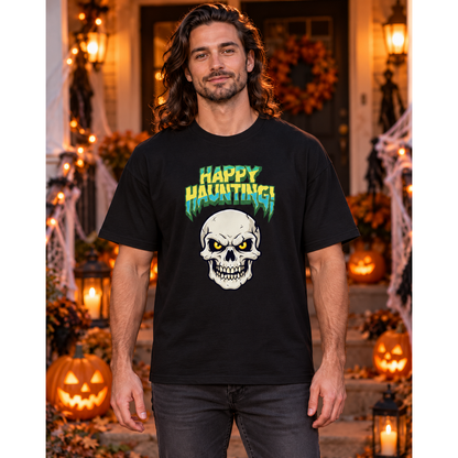 Male model wearing a slightly oversized black Happy Haunting skull T-shirt