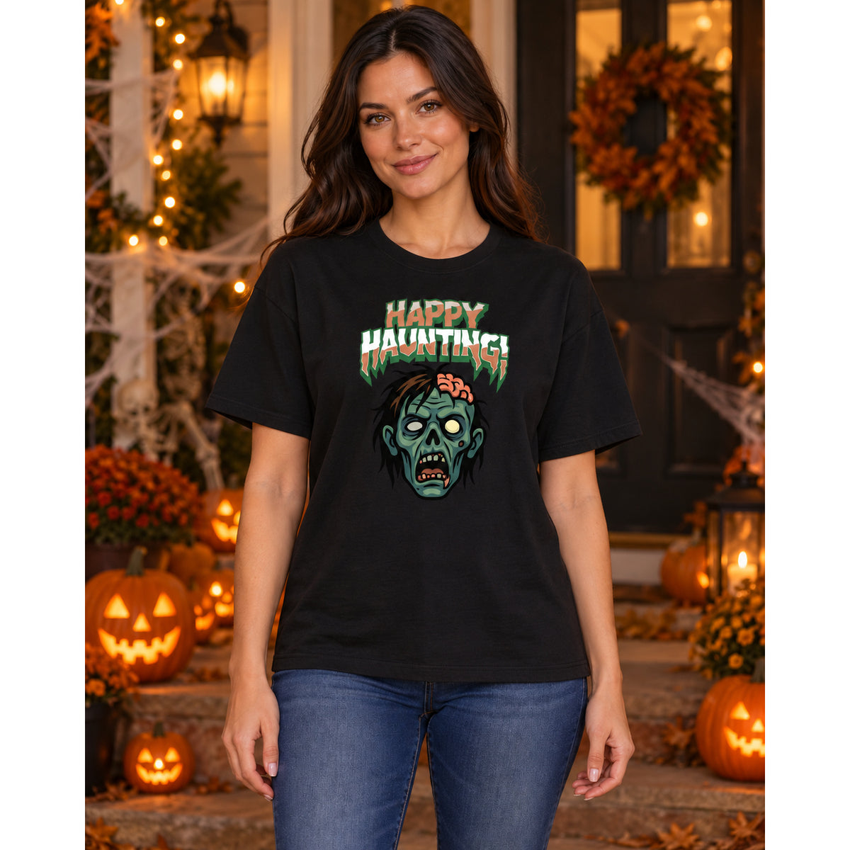 Female model wearing a slightly oversized black Happy Haunting zombie T-shirt