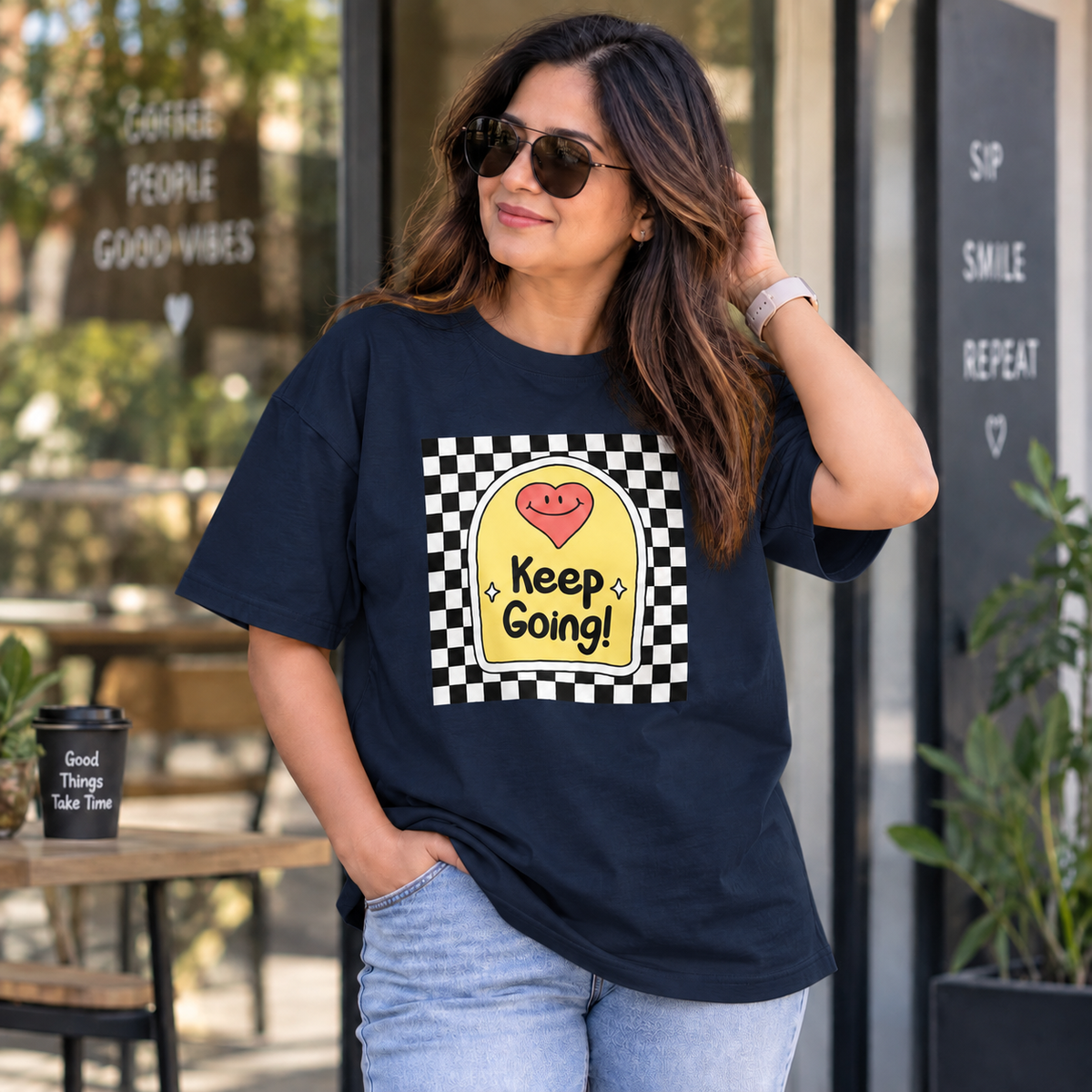 Colorful Blue lifestyle mockup — Keep Going — matching existing oversized T-shirt fit