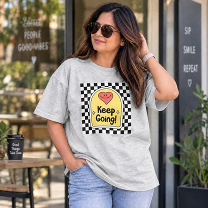 Flower Gray lifestyle mockup — Keep Going — matching existing oversized T-shirt fit